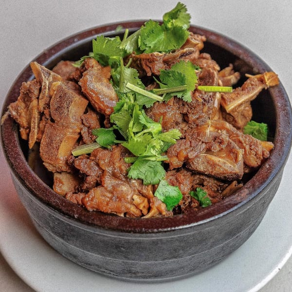 Braised lamb stew with fresh cilantro in a dark ceramic bowl on a white plate.