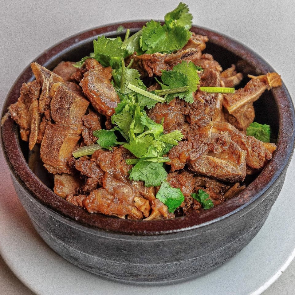 Braised lamb stew with fresh cilantro in a dark ceramic bowl on a white plate.