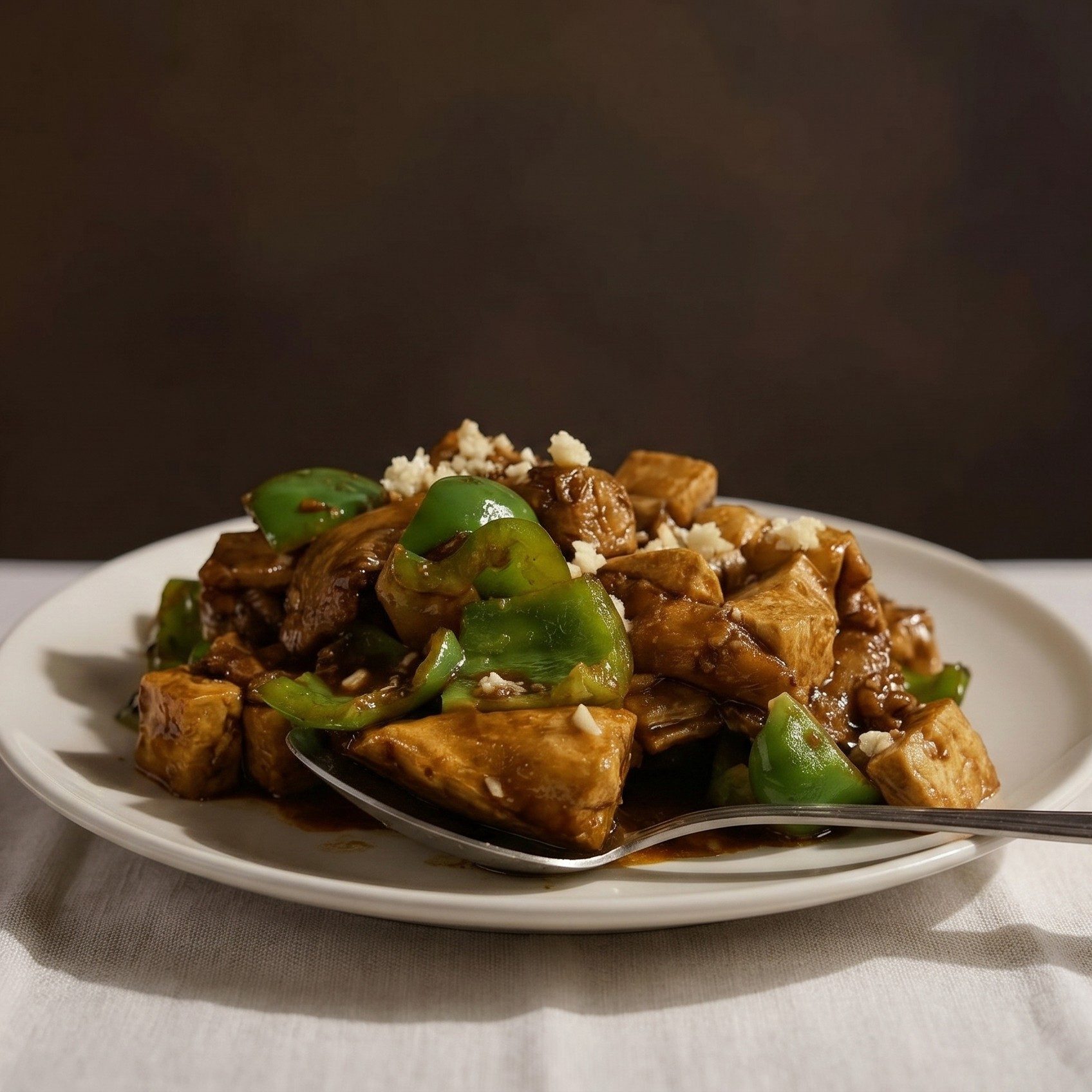 Stir-Fried Green Pepper, Potato, and Eggplant in Brown Sauce / 地三鲜.