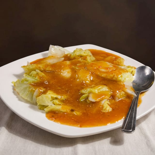 Steamed Baby Cabbage with Homemade Crab Roe Sauce / 蟹黄娃娃菜.