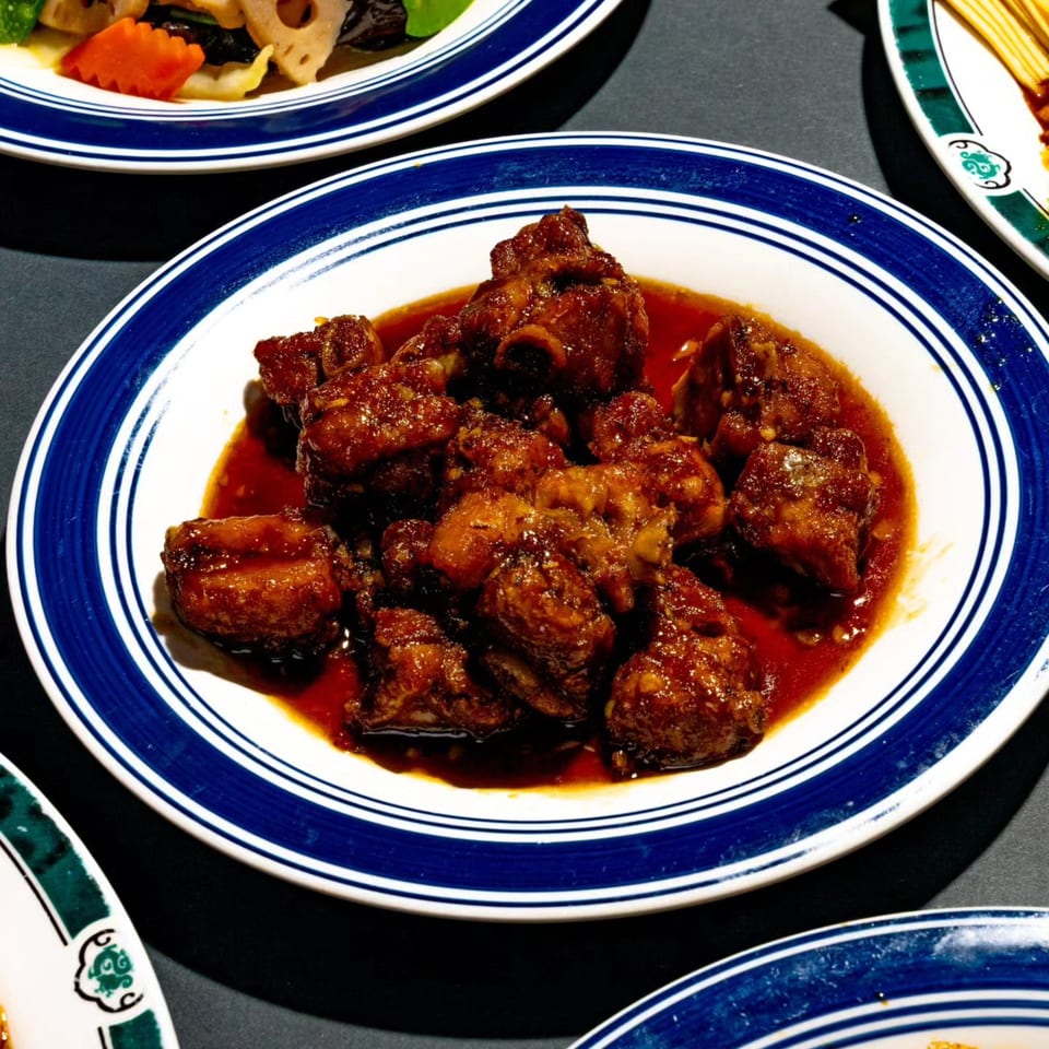 A plate of sweet and sour pork ribs in a rich, glossy sauce, on a white and blue plate.